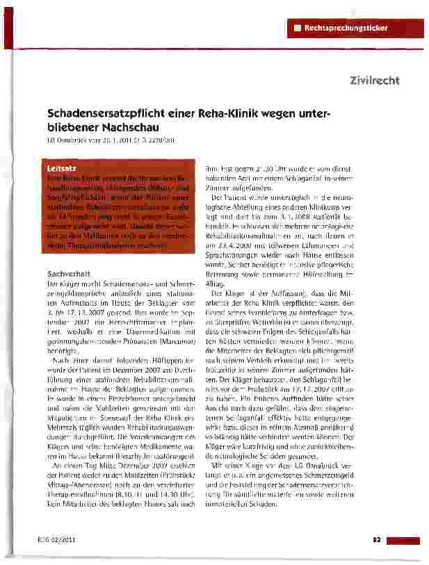 Vorschauseite 1: Schadensersatzpflicht einer Reha-Klinik wegen unterbliebener NachschauLG Osnabrück vom 26.1.2011 (2 0 2278/08)