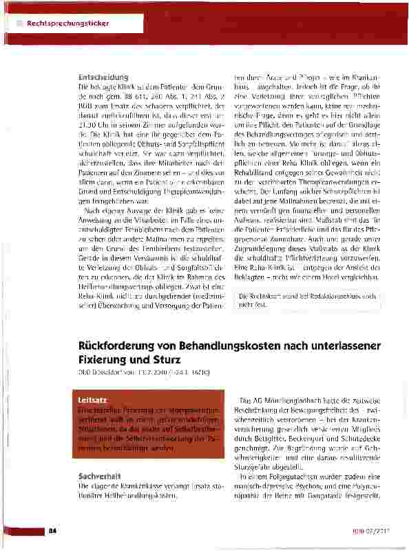Vorschauseite 2: Schadensersatzpflicht einer Reha-Klinik wegen unterbliebener NachschauLG Osnabrück vom 26.1.2011 (2 0 2278/08)