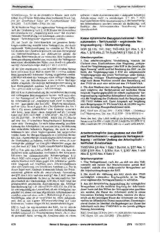 Vorschauseite 1: Kleine dynamische Bezugnahmeklausel - Tarifsukzession - Tarifpluralität - ergänzende Vertragsauslegung - Chefarztvergütung