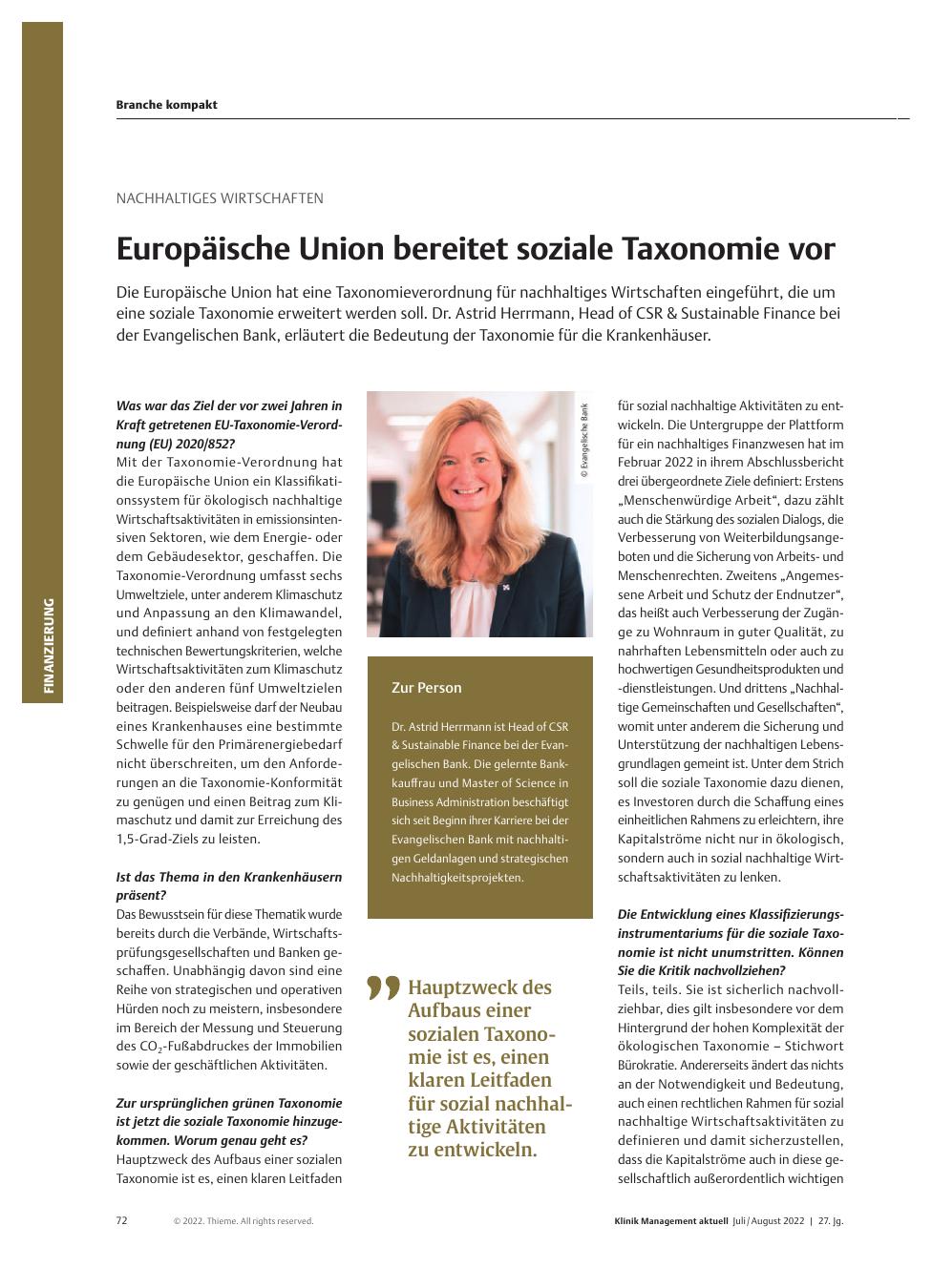 Vorschauseite 1: Nachhaltiges Wirtschaften: Europäische Union bereitet soziale Taxonomie vor