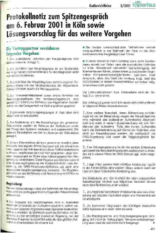 Vorschauseite 1: Protokollnotiz zum Spitzengespräch am 6. Februar 2001 in Köln sowie Lösungsvorschlag für das weitere Vorgehen