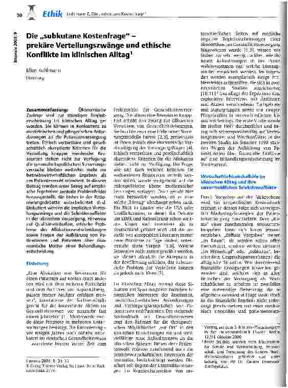 Vorschauseite 1: Die subkutane Kostenfrage - prekäre Verteilungszwänge und ethische Konflikte im klinischen Alltag