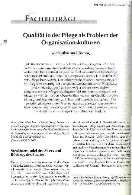 Vorschauseite 1: Qualität in der Pflege als Problem der Organisationskulturen