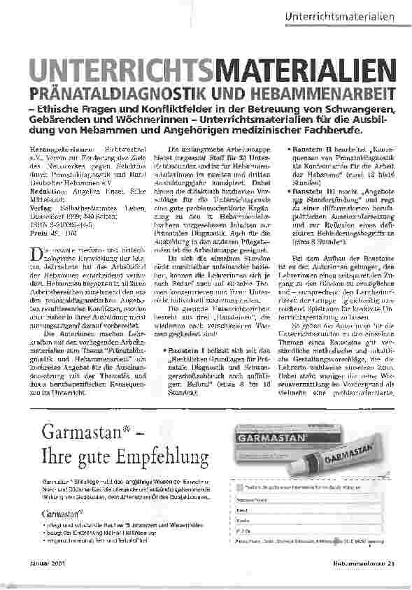 Vorschauseite 1: UNTERRICHTSMATERIALIEN PRÄNATALDIAGNOSTIK UND HEBAMMENARBEIT
