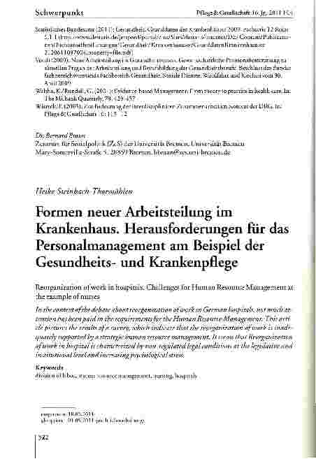 Vorschauseite 1: Formen neuer Arbeitsteilung im Krankenhaus. Herausforderungen für das Personalmanagement am Beispiel der Gesundheitsund Krankenpflege