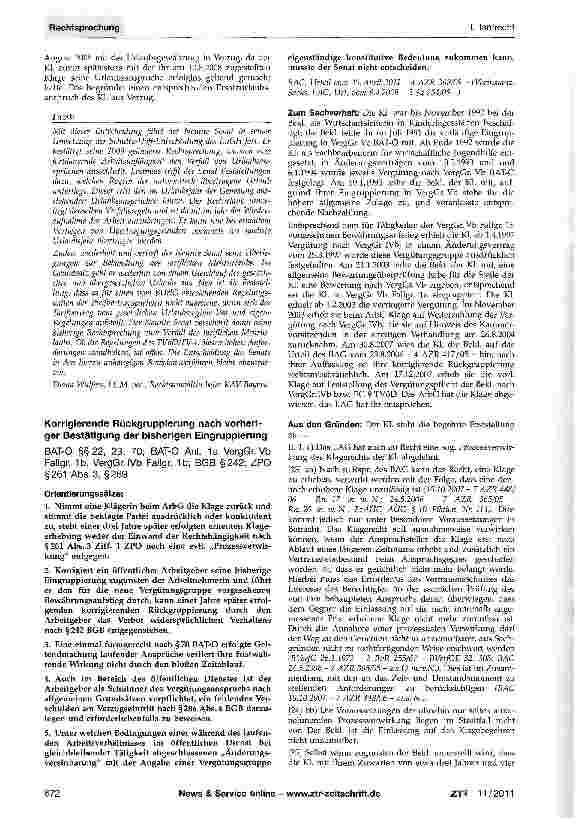 Vorschauseite 1: Korrigierende Rückgruppierung nach vorheriger Bestätigung der bisherigen EingruppierungBAT-0 §§22, 23, 70; BAT-O Anl. 1a VergGr. Vb Fallgr. 1b, VergGr. IVb Fallgr. 1b; BGB §242; Z…