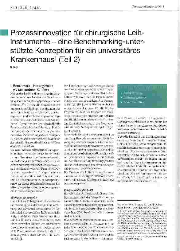 Vorschauseite 1: Prozessinnovation für chirurgische Leihinstrumente - eine Benchmarking-unter-stützte Konzeption für ein universitäres Krankenhaus1 (Teil 2)