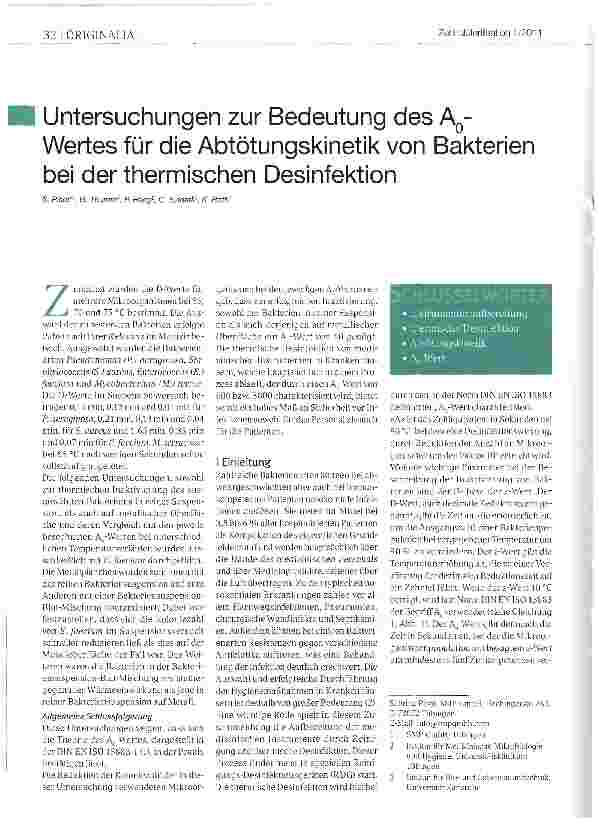 Vorschauseite 1: Untersuchungen zur Bedeutung des Ao-Wertes für die Abtötungskinetik von Bakterien bei der thermischen Desinfektion