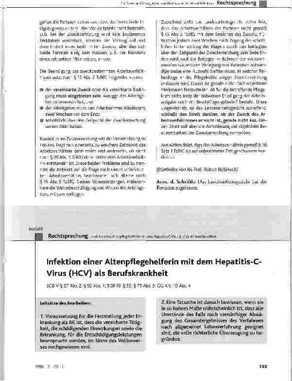 Vorschauseite 1: Infektion einer AltenpfLegehelferin mit dem Hepatitis-C Virus (HCV) als BerufskrankheitSGB V § 37 Abs. 2, § 92 Abs. 1; SGB XII § 55, § 75 Abs. 3; GG Art. 19 Abs. 4