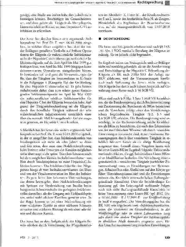 Vorschauseite 5: Infektion einer AltenpfLegehelferin mit dem Hepatitis-C Virus (HCV) als BerufskrankheitSGB V § 37 Abs. 2, § 92 Abs. 1; SGB XII § 55, § 75 Abs. 3; GG Art. 19 Abs. 4