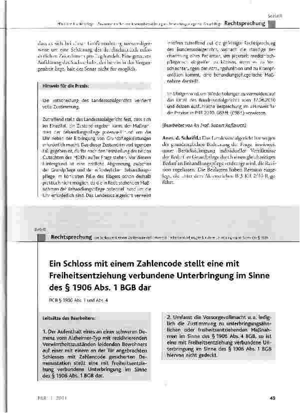 Vorschauseite 1: Ein Schloss mit einem Zahlencode stellt eine mit Freiheitsentziehung verbundene Unterbringung im Sinne des §1906 Abs. 1 BGB dar
