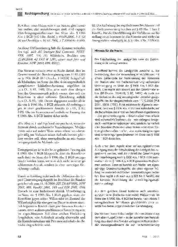 Vorschauseite 4: Ein Schloss mit einem Zahlencode stellt eine mit Freiheitsentziehung verbundene Unterbringung im Sinne des §1906 Abs. 1 BGB dar