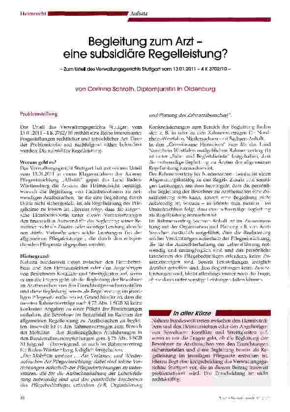Vorschauseite 1: Begleitung zum Arzt -eine subsidiäre Regelleistung?