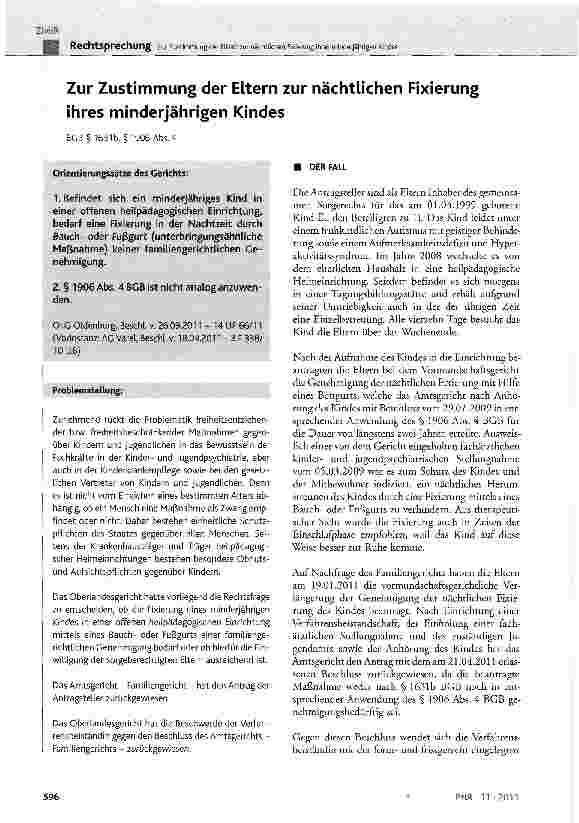 Vorschauseite 1: Zur Zustimmung der Eltern zur nächtlichen Fixierung ihres minderjährigen KindesBGB § 1631b, §1906 Abs. 4