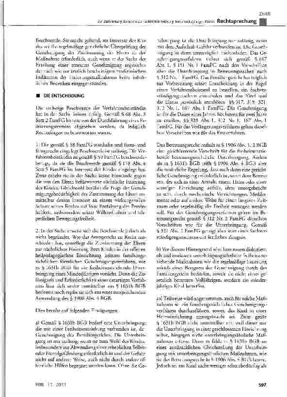 Vorschauseite 2: Zur Zustimmung der Eltern zur nächtlichen Fixierung ihres minderjährigen KindesBGB § 1631b, §1906 Abs. 4