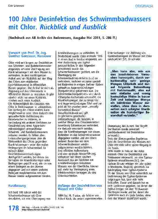 Vorschauseite 1: 100 Jahre Desinfektion des Schwimmbadwassers mit Chlor. Rückblick und Ausblick