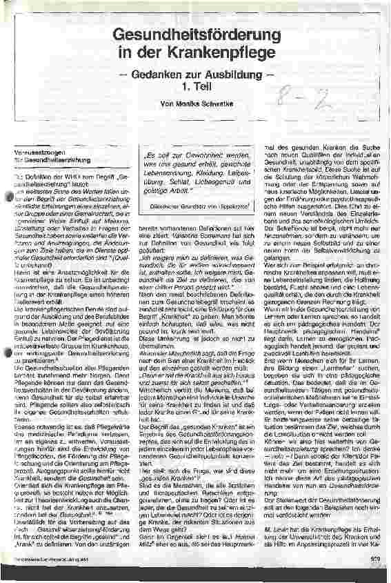 Vorschauseite 1: Gesundheitsförderung in der Krankenpflege Gedanken zur Ausbildung - 1. Teil