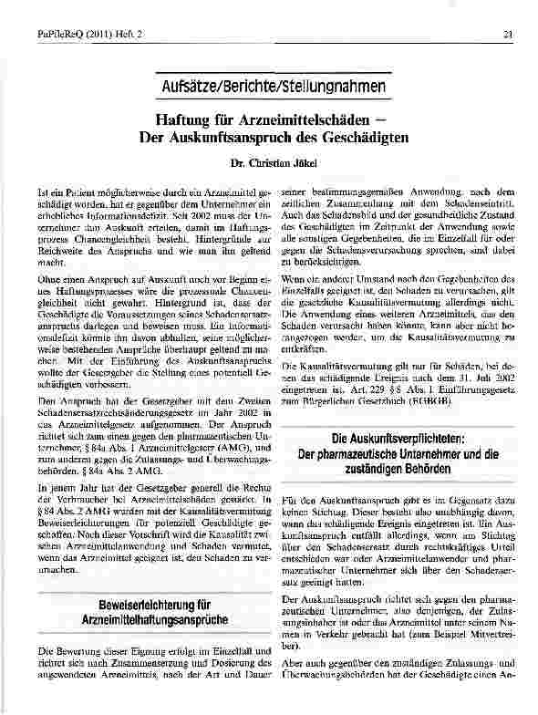Vorschauseite 1: Haftung für Arzneimittelschäden — Der Auskunftsanspruch des Geschädigten