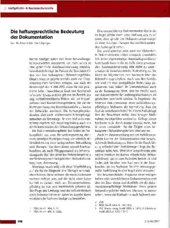Vorschauseite 1: Die haftunssrechtliche Bedeutung der Dokumentation