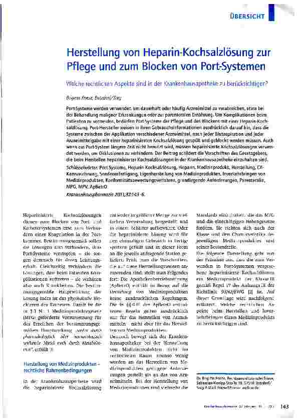 Vorschauseite 1: Herstellung von Heparin-Kochsalzlösung zur Pflege und zum Blocken von Port-SystemenWelche rechtlichen Aspekte sind in der Krankenhausapotheke zu berücksichtigen?
