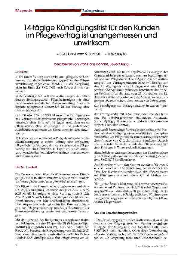 Vorschauseite 1: 14-tägige Kündigungsfrist für den Kunden im Pflegevertrag ist unangemessen undunwirksam