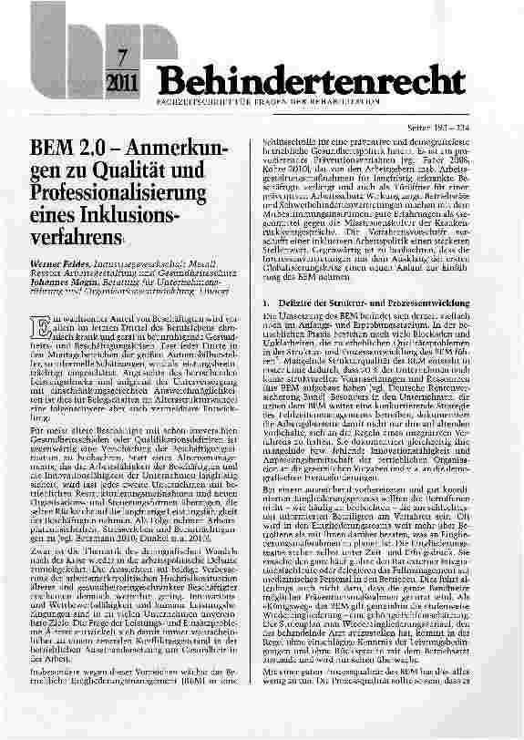 Vorschauseite 1: BEM 2. 0 - Anmerkungen zu Qualität und Professionalisierung eines Inklusionsverfahrens