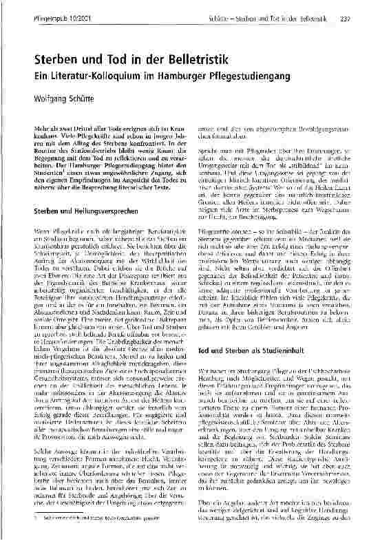 Vorschauseite 1: Sterben und Tod in der Belletristik Ein Literatur-Kolloquium im Hamburger Pflegestudiengang