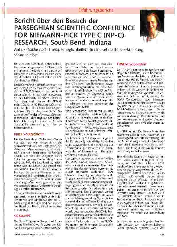 Vorschauseite 1: Bericht über den Besuch der PARSEGHIAN SCIENTIFIC CONFERENCE FOR NIEMANN-PICK TYPE C (NP-C) RESEARCH, South Bend, Indiana