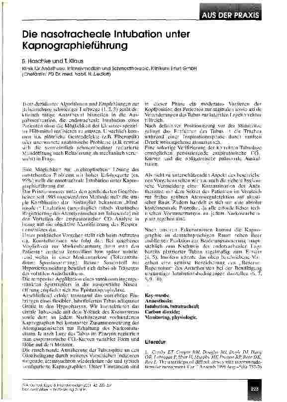 Vorschauseite 1: Die nasotracheale Intubation unter Kapnographieführung