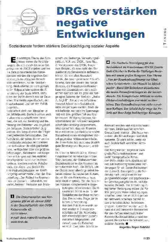 Vorschauseite 1: DRGs verstärken negative Entwicklungen Sozialdienste fordern stärkere Berücksichtigung sozialer Aspekte