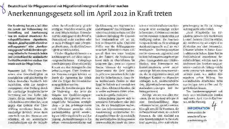 Vorschauseite 1: Anerkennungsgesetz soll im April 2012 in Kraft treten