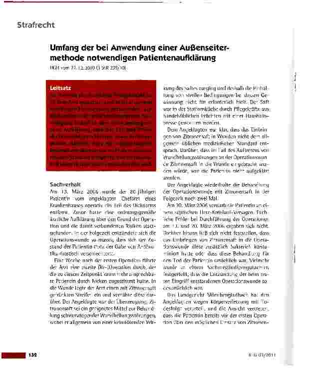 Vorschauseite 1: Umfang der bei Anwendung einer Außenseitermethode notwendigen PatientenaufklärungBGH vom 22.12.2010 (3 StR 239/10)