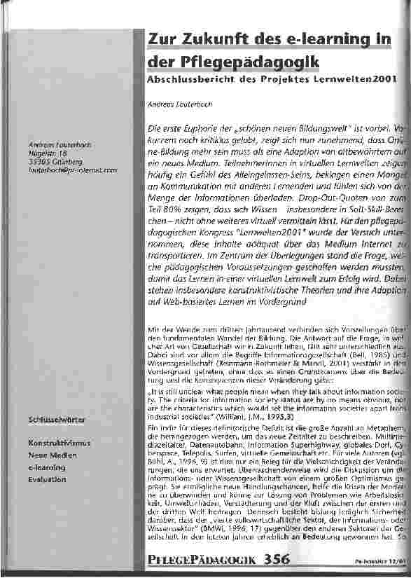 Vorschauseite 1: Zur Zukunft des e-learning in der Pflegepädagogik Abschlussbericht des Projektes Lernwelten 2001