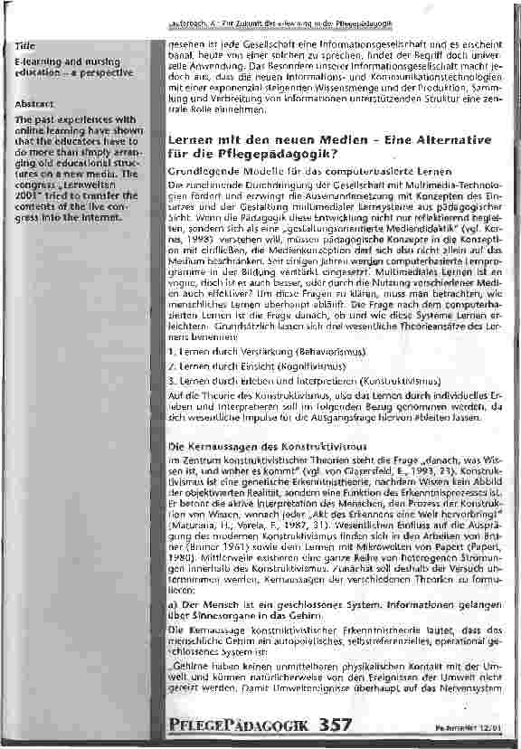 Vorschauseite 2: Zur Zukunft des e-learning in der Pflegepädagogik Abschlussbericht des Projektes Lernwelten 2001