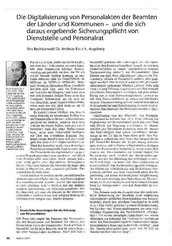 Vorschauseite 1: Die Digitalisierung von Personalakten der Beamten der Länder und Kommunen - und die sich daraus ergebende Sicherungspflicht von Dienststelle und Personalrat
