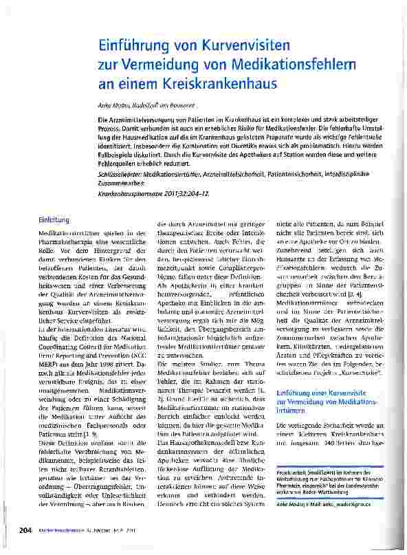 Vorschauseite 1: Einführung von Kurvenvisiten zur Vermeidung von Medikationsfehlern an einem Kreiskrankenhaus