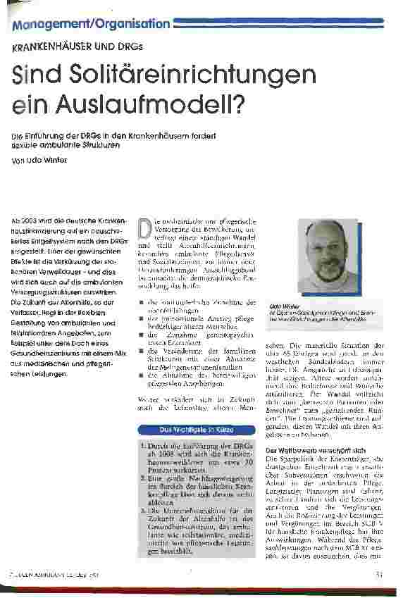 Vorschauseite 1: Sind Solitäreinrichtungen ein Auslaufmodell? Die Einführung der DRGs in den Krankenhäusern fordert flexible ambulante Strukturen