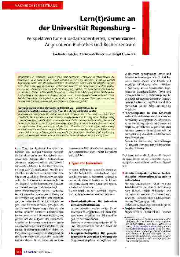 Vorschauseite 1: Lern(t)räume an der Universität Regensburg - Perspektiven für ein bedarfsorientiertes, gemeinsames Angebot von Bibliothek und Rechenzentrum