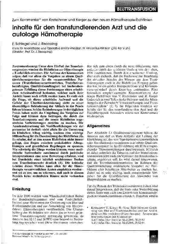Vorschauseite 1: Inhalte für den transfundierenden Arzt und die autologe Hämotherapie