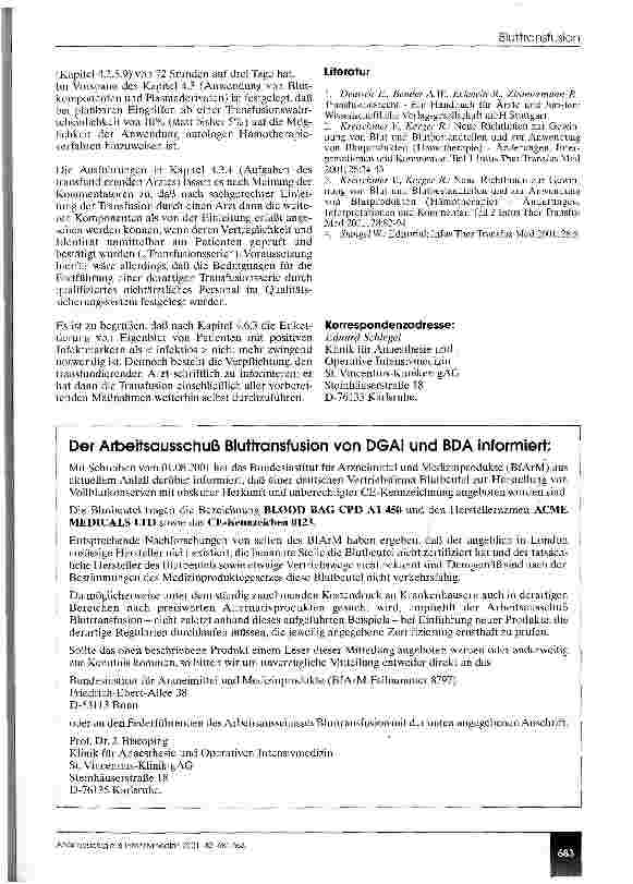 Vorschauseite 3: Inhalte für den transfundierenden Arzt und die autologe Hämotherapie
