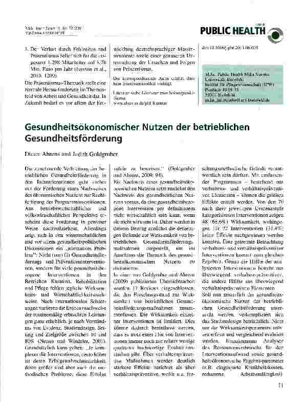 Vorschauseite 1: Gesundheitsökonomischer Nutzen der betrieblichen Gesundheitsförderung
