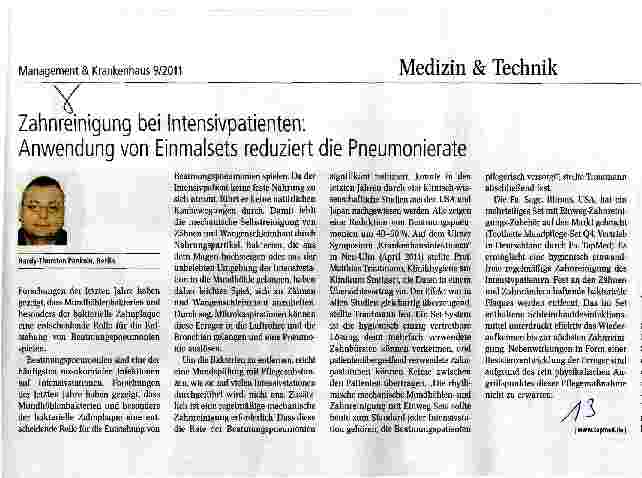 Vorschauseite 1: Zahnreinigung bei Intensivpatienten: Anwendung von Einmalsets reduziert die Pneumonierate