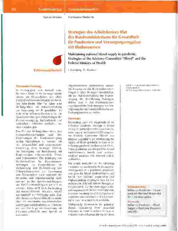 Vorschauseite 1: Strategien des Arbeitskreises Blut des Bundesministeriums für Gesundheit für Pandemien und Versorgungsengpässe mit Blutkonserven