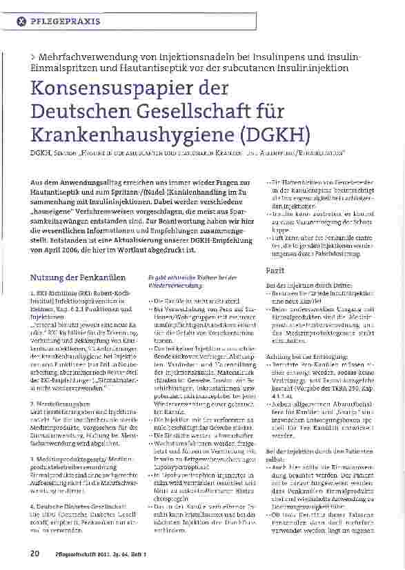 Vorschauseite 1: Mehrfachverwendung von Injektionsnadeln bei Insulinpens und Insulin-Einmalspritzen und Hautantiseptik vor der subcutanen InsulininjektionKonsensuspapier der Deutschen Gesellschaft…