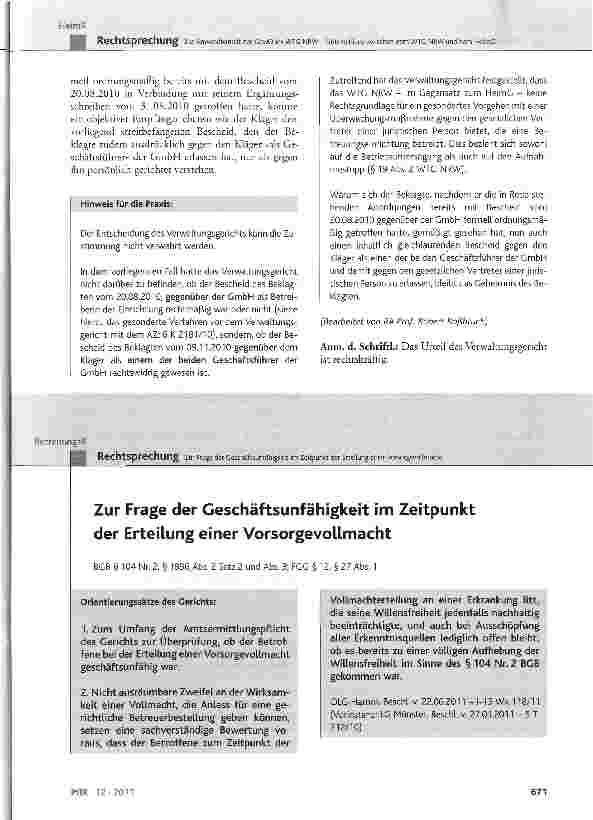 Vorschauseite 1: Zur Frage der Geschäftsunfähigkeit im Zeitpunkt der Erteilung einer VorsorgevollmachtBGB § 104 Nr. 2, § 1896 Abs. 2 Satz 2 und Abs. 3; FGG § 12, § 27 Abs. 1
