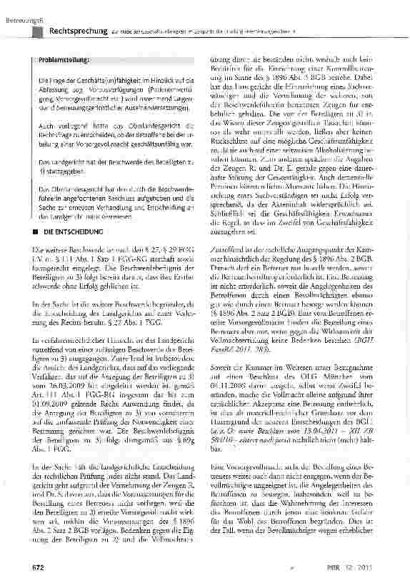 Vorschauseite 2: Zur Frage der Geschäftsunfähigkeit im Zeitpunkt der Erteilung einer VorsorgevollmachtBGB § 104 Nr. 2, § 1896 Abs. 2 Satz 2 und Abs. 3; FGG § 12, § 27 Abs. 1
