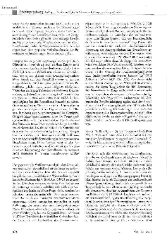 Vorschauseite 4: Zur Frage der Geschäftsunfähigkeit im Zeitpunkt der Erteilung einer VorsorgevollmachtBGB § 104 Nr. 2, § 1896 Abs. 2 Satz 2 und Abs. 3; FGG § 12, § 27 Abs. 1