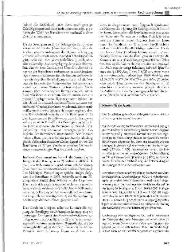 Vorschauseite 5: Zur Frage der Geschäftsunfähigkeit im Zeitpunkt der Erteilung einer VorsorgevollmachtBGB § 104 Nr. 2, § 1896 Abs. 2 Satz 2 und Abs. 3; FGG § 12, § 27 Abs. 1