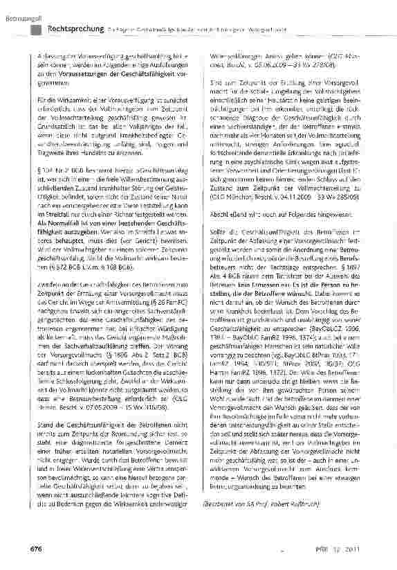 Vorschauseite 6: Zur Frage der Geschäftsunfähigkeit im Zeitpunkt der Erteilung einer VorsorgevollmachtBGB § 104 Nr. 2, § 1896 Abs. 2 Satz 2 und Abs. 3; FGG § 12, § 27 Abs. 1