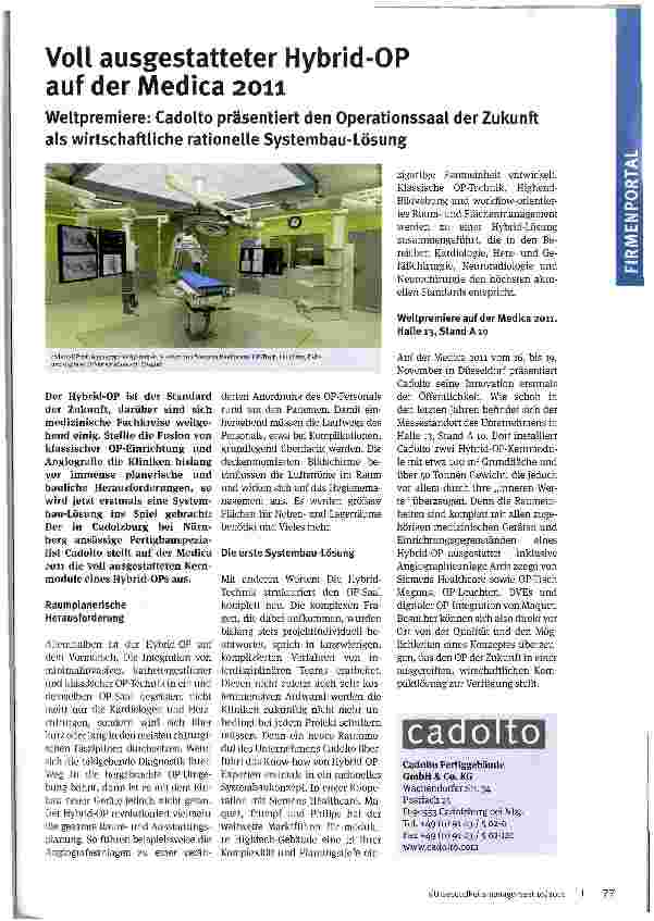 Vorschauseite 1: Voll ausgestatteter Hybrid-OP auf der Medica 2011
